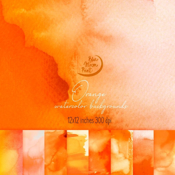 Orange watercolor backgrounds, textures 12x12" plus several golden clipart. Set of JPEG & PNG clip art files, printable digital download