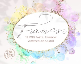 Set of Watercolor Pastel Frames, gold decorative graphics, photo overlays. 12 HQ PNG files. Digital download