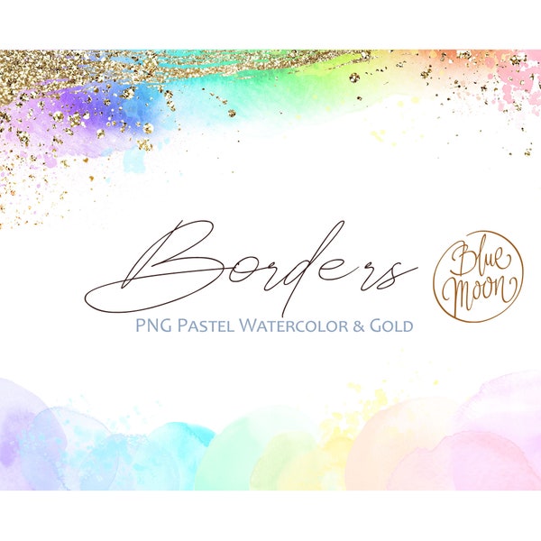 Set of Watercolor Pastel Borders and gold decorative graphics. 12 HQ PNG files. Digital download