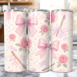 Coquette Paintbrush and Bows 20oz Skinny Tumbler Sublimation Design PNG Shabby Chic Strawberry Sublimation Tumbler Strawberry and Bow Wrap