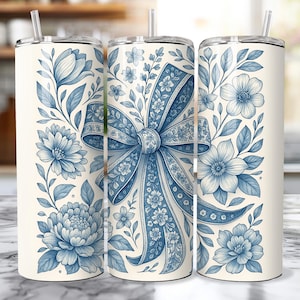 20oz Tumbler Wrap Blue Bow Chinoiserie Floral Seamless Pattern Sublimation Digital Download, Trendy Toile Chinoiserie Flower Pattern PNG