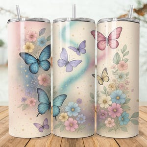 Butterfly Tumbler Wrap PNG Sublimation Design, Pink Teal Wildflower Glitter 20oz Skinny Straight Seamless Tumbler Wrap, Digital Only