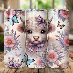 Highland Cow Tumbler Wrap, 20oz Skinny Sublimation Tumbler Design, Baby Highland Cow Sublimation Design Png, Floral Tumbler Png Download