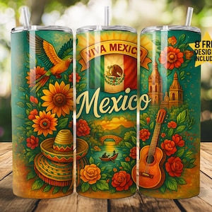 Mexico 20oz Skinny Tumbler PNG Sublimation Design, Mexican Flag Tumbler Wrap, Digital Download for 20oz Tumblers, Mexico Design Tumbler