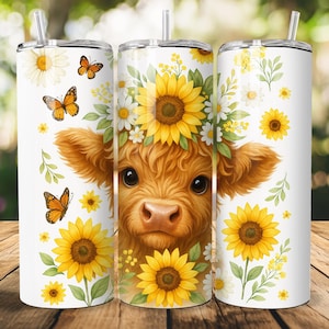 Highland Cow 20oz Tumbler Wrap - Sunflowers Tumbler PNG Design - Cute Floral Cow Sublimation Design - Skinny Tumbler - Instant Download