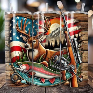 Fish and Deer Tumbler Wrap, Hunting 20oz Skinny Tumbler Sublimation Design, Patriotic Fishing and HuntingPatrioc Tumbler Wrap Sublimation