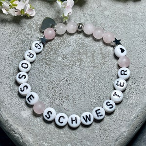Bracelet Big Sister Rose Quartz Stars Platinum Plated - Gift Family Birth Sibling Little Sister - Various Gemstones