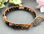 Bracelet tourmaline with leather, bracelet wrapped tourmaline, birthstone October, boho bracelet with leather and tourmaline, wish gemstone