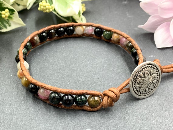 Wickelarmband Wassermelonen Turmalin echt mit Leder - Perlenarmband gewickelt Schutzstein - Bohoarmband mit Wunschedelstein