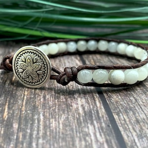 Wrap bracelet moonstone real natural stone and leather - bracelet wrapped boho style - gift mom love luck - wish gemstone