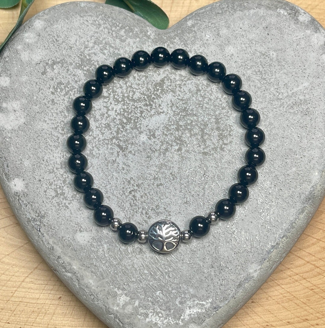 Bracelet Black Agate Onyx Tree of Life Stainless Steel Silver or Gold ...