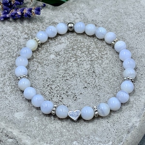 Pearl Bracelet Chalcedony Real Natural Stone - Heart and Daisy Pearls Real Platinum Plated - Gift Birthday Mom Love Joy Birthday