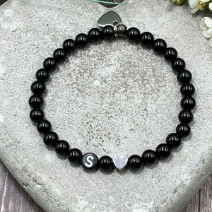 Pulsera iniciales turmalina perlas naturales reales corazón chapado en platino - nombre pulsera regalo mamá nacimiento novia persona favorita - personalizable