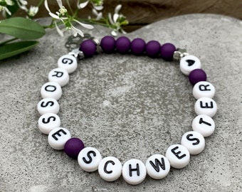 Armband Grosse Schwester Purple Acryl - Geschenk kleine Schwester kleiner Bruder Kinderarmaband mit Namen - Wunschfarbe personalisierbar