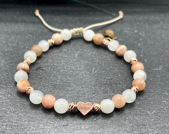 Bracelet pierre de lune pierre de soleil macramé - perles à facettes plaqué or rose - bracelet perlé spirituel joie optimisme équilibre émotionnel