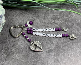 Schlüsselanhänger Herzensschwester - Perlen Acryl Purple - Geschenk Lieblingsmensch beste Freundin - personalisierbar - Edelsteine möglich