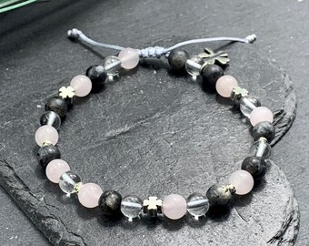 Bracelet rock crystal rose quartz labradorite lucky clover - jewelry well-being positive energy optimism - gift favorite person girlfriend