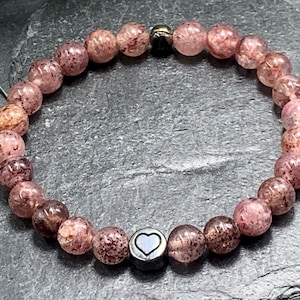 Bracelet strawberry quartz real natural stone with heart DQ - silver gold rose gold gunmetal - spiritual bracelet - gift love happiness girlfriend