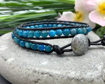 Bracelet wrapped apatite genuine and leather - wrap bracelet with desired gemstone - jewelry boho vintage style - gemstone selectable