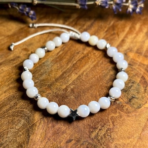 Pearl bracelet chalcedony macrame adjustable sizes - star pearl real platinum plated - pearl bracelet natural stone real - customizable