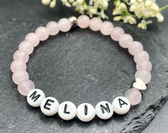 Rose quartz bracelet name Melina - heart platinum plated - gift for birth or baptism, rose quartz bracelet personalized girls bracelet