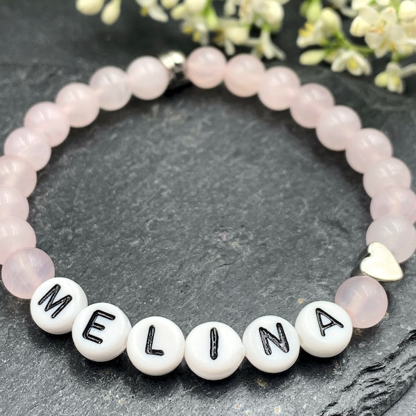 Rosenquarz Armband Name Melina - Herz Platiniert - Geschenk zur Geburt oder Taufe, Rosenquarzarmband personalisiert Mädchenarmband