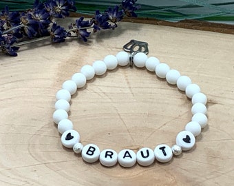 Armband Braut Weiß - Perlen Acryl 6 mm - Farbwunsch - Geschenk für Junggesellinnenabschied JGA Trauzeugin Brautjungfer - anpassbar