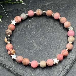 Bracelet Rhodonite Stars Daisy Beads Real Platinum Plated - Gift Love Happiness Favorite Person - Real Natural Stones - Various Gemstones