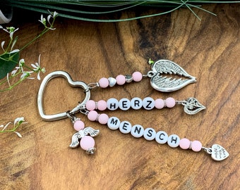 Keychain Heart Person Beads Acrylic Soft Pink - Gift Love Favorite Person Friendship - Personalizable Real Gemstones Possible