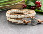 Wrap bracelet moonstone and leather - pearl bracelet wrapped - pearls 6 mm - birthstone June - tourmaline rhodonite aquamarine amazonite and much more.