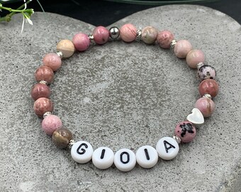 Pearl bracelet initials rhodonite real natural pearls - heart platinum plated - name bracelet gift love mom favorite person - customizable