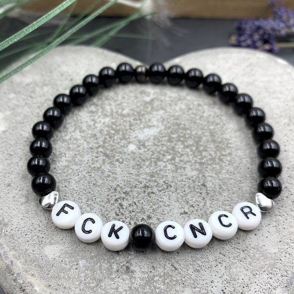 Armband Fuck Cancer schwarzer Achat Onyx Herz echt Platiniert - Krebs sucks Brustkrebs Geschenk Glücksbringer Aufmunterung Genesung