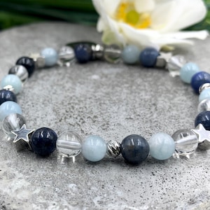 Bracelet Mix Rock Crystal Dumortierite Aquamarine - real platinum plated stars & pearls - pearl bracelet stress relief communication well-being