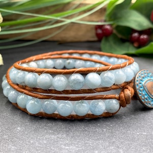 Wrap bracelet aquamarine genuine and leather - pearl bracelet wrapped boho style - gift dear friend - gemstone selectable