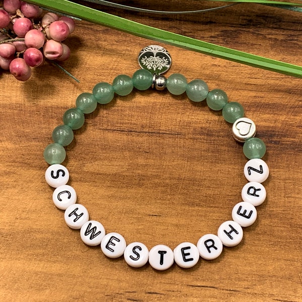 Bracelet sister heart aventurine with DQ heart - gift sibling child brother heart soul sister - various gemstones - customizable