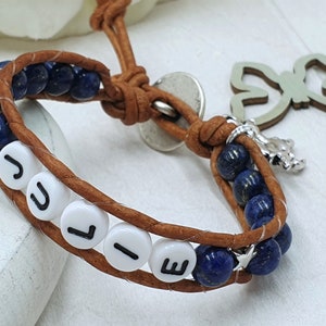 Wrap bracelet lapis lazuli and leather with name - gift idea girls name bracelet pearls - gemstone as desired