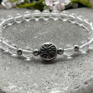 Bracelet Rock Crystal Tree of Life Stainless Steel Silver or Gold - Pearl Bracelet for Purity Consciousness Clarity - Spiritual Jewelry Unisex