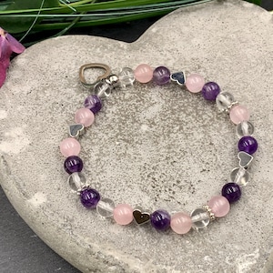 Bracelet Mix Amethyst Rock Crystal Rose Quartz with Hearts Real Platinum Plated - Spiritual Bracelet Inner Peace Heart Chakra Love Energy