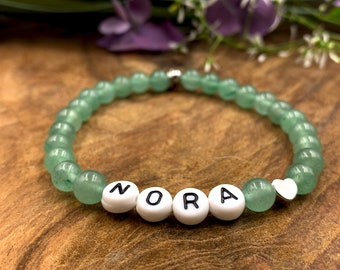 Bracelet Aventurine Name Nora - Heart Platinum Plated - Gift Birth Name Bracelet Favorite Person - Choice of Gemstone Personalized