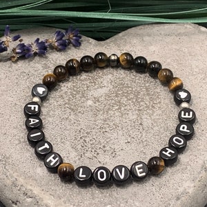 Bracelet Tiger Eye Faith Love Hope - real natural stones - pearl bracelet gift favorite person friendship love luck - customizable