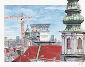 Kunstdruck „Esterhazy-Flakturm/Haus des Meeres in Wien“, Urban Sketch, Watercolour, Watercolor Study