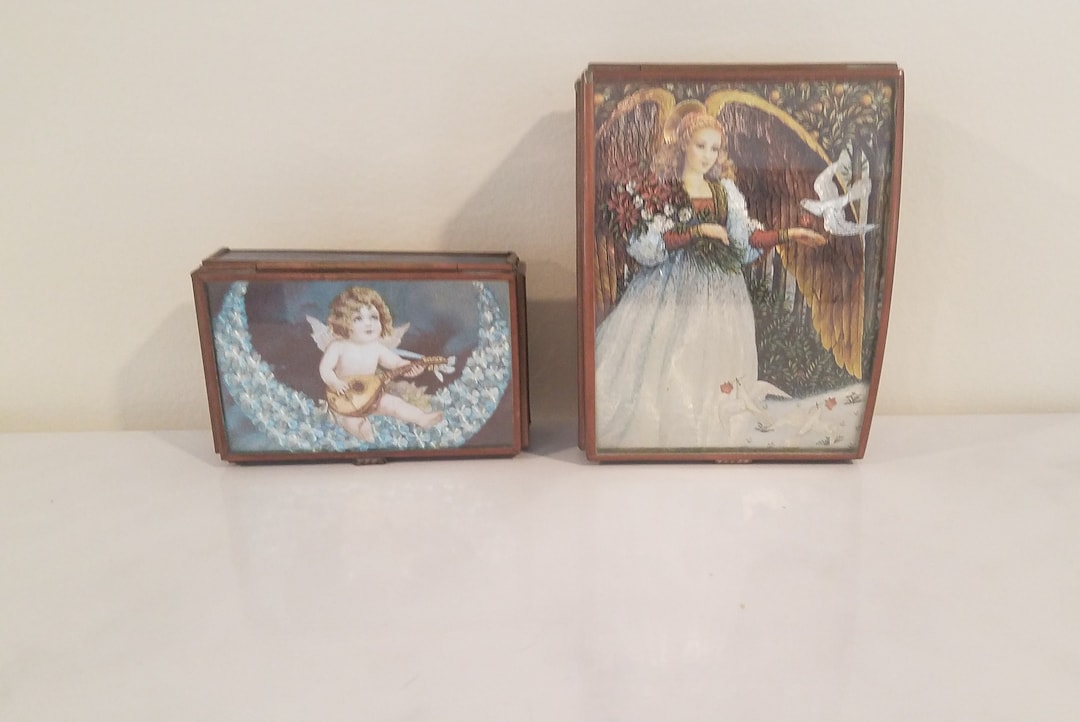 Vintage Brass & Stained Glass Angel Trinket Boxes - Set of 2 - Etsy