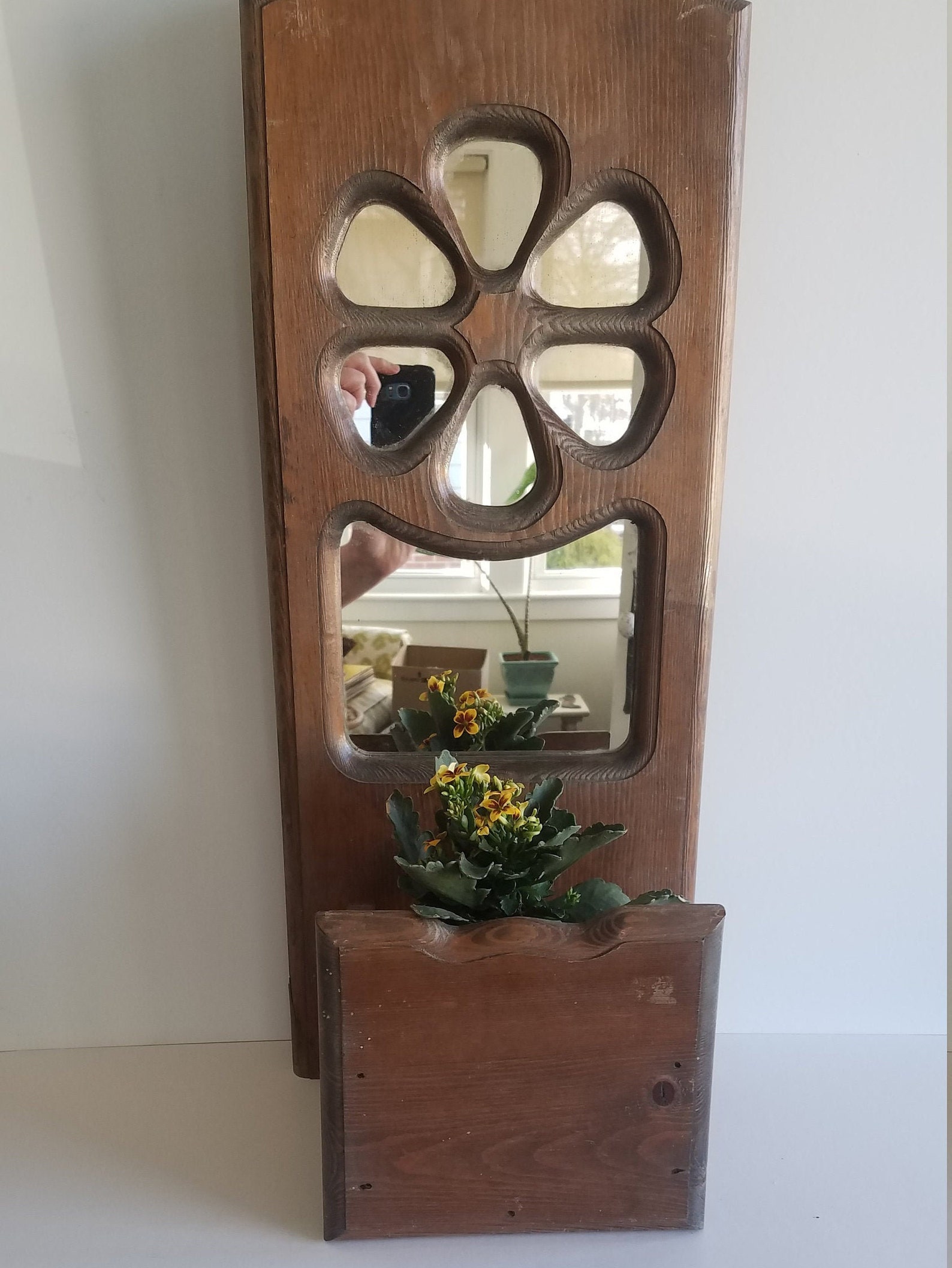 Wood Wall Mirror With Plant Holder Wall Pocket Wall Garden Etsy
