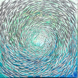 Blue, green grey and white fish swirl inspired by colours living by the sea in Cornwall.Prints taken from original artwork.