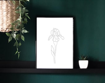 Stampa artistica digitale di fiori di iris, download immediato di decorazioni per la casa, arte botanica minimalista