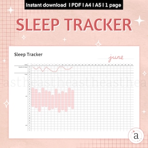 Puede incluir: Un rastreador de sueño imprimible para el mes de junio. El rastreador incluye una sección para registrar la calidad del sueño y una cuadrícula para rastrear las horas de sueño. La cuadrícula está dividida en 31 días y 24 horas.