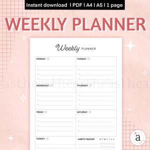 Peut inclure: Un planificateur hebdomadaire imprimable avec un design simple. Le planificateur comporte des espaces pour chaque jour de la semaine, du lundi au dimanche, et une section pour le suivi des habitudes. Le planificateur est en noir et blanc sur un fond rose.