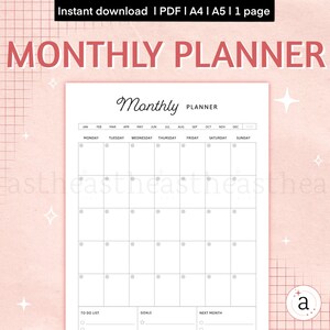 Peut inclure: Un planificateur mensuel imprimable avec un design simple. Le planificateur comprend une grille de calendrier avec les jours de la semaine étiquetés, et des sections pour les listes de tâches, les objectifs et le mois suivant.
