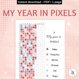 May include: A printable year in pixels mood tracker. The tracker is a grid with 12 columns representing the months of the year and 27 rows representing the days of the month. Each square in the grid can be colored in to represent your mood for that day. The mood options are: happy, productive, normal, stressed, sad, and angry.