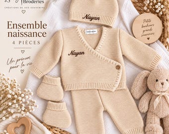 Personalisiertes Baby-Set für Neugeborene – Strickanzug mit Namensstickerei – 4-teilig – Geschenk zur Geburt